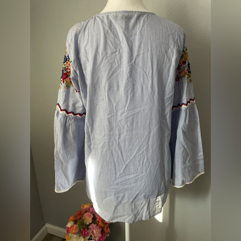 Zara Boho Striped Embroidered Peasant Top - Bell Sleeves & Crochet Lace - Picture 5 of 9